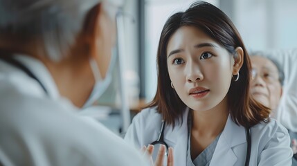 A young asian female doctor takes a patients history