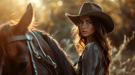 Stoff pro Meter A young model woman prepares for her sunset horse ride in the summer time © Athena