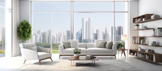 A white living room filled with furniture, including a sofa, shelf, coffee table, dining table, and chairs. The room features a large panoramic window that offers a view of skyscrapers outside.