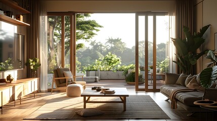 Spacious Living Room with Large Windows Overlooking Lush Greenery, To showcase a harmonious and tranquil living space that highlights the beauty of - obrazy, fototapety, plakaty