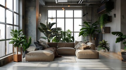 Stylish Loft Interior with Industrial Design and Lush Greenery Basking in Natural Light