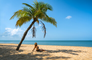 A young woman sits on the sand in the shade of a palm tree on a tropical island