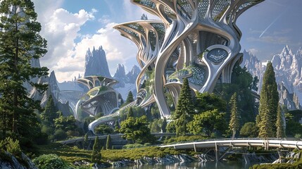 Architectural marvels with intricate designs inspired by nature and technology. - obrazy, fototapety, plakaty