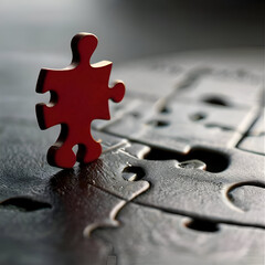 Red puzzle piece on a black background. The concept of solving the problem. - obrazy, fototapety, plakaty