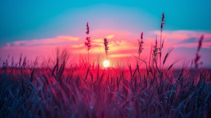 Grass Field Sunset Blue BG