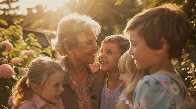 A family gathering for Mother's Day, a joyful grandmother surrounded by her grandchildren in a sunlit garden - Powered by Adobe