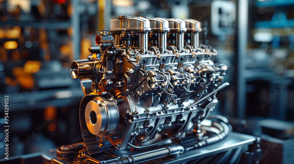 Poster detailed view of a modern engine being manufactured in a high-tech factory setting