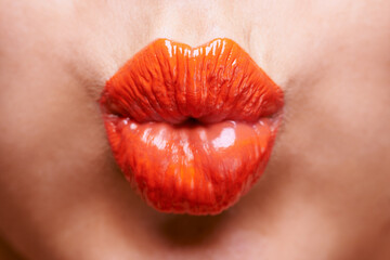 Lipstick, beauty and mouth of woman with kiss for makeup, cosmetics and products on background....