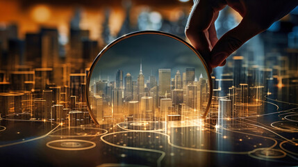 Businessman Realtor Examining City Through Magnifying Glass