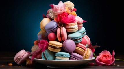 Brightly colored macarons in a whimsical arrangement, playful and sweet