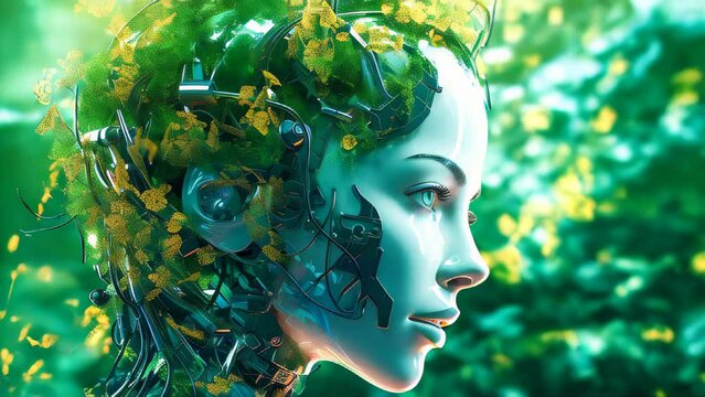 Beautiful white female android with its head covered in green leaves. Technology returning to nature concept.