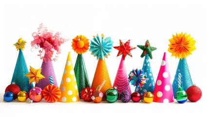 Colorful party hats and other festive items on white background .