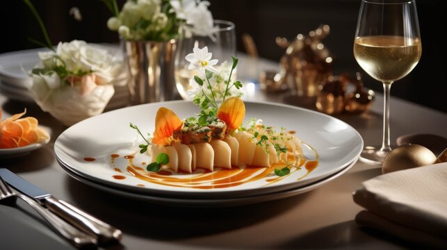 Elegant fine dining table setting with a chef's special dish
