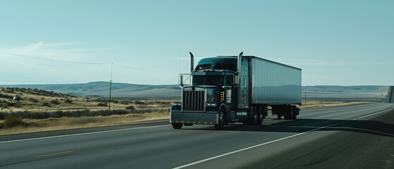 Semi Truck Speeding Along Desert Highway - obrazy, fototapety, plakaty