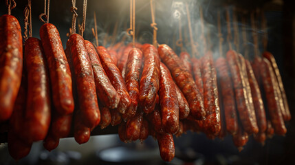 Line of Sausages on Table - Powered by Adobe