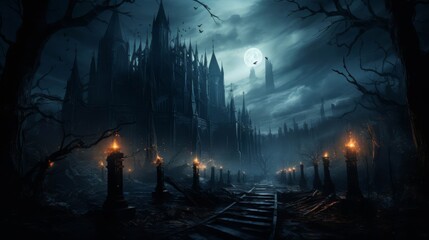 Gothic cathedral in a moonlit forest, mysterious and solemn