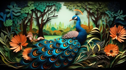 Paper cut peacock in a forest glade, vibrant feathers, serene setting