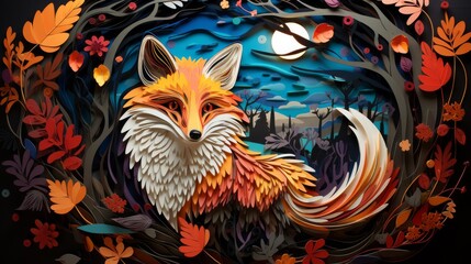 Paper cut fox in a vibrant forest, bright colors, detailed textures