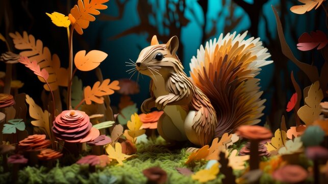 Paper cut chipmunk with acorns, bright and lively forest floor