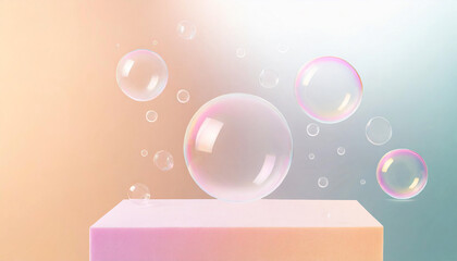 Flying soap bubbles on a pastel background. Presentation stage for product. Background or presentation area for product or marketing message. Copy space. 3D art, colorful, concept art, warm colors