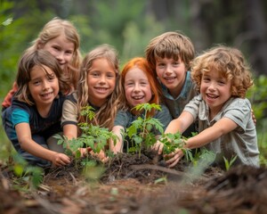 Fototapeta premium A group of children are planting trees in a forest. They are all smiling and seem to be enjoying themselves