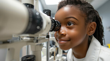 A male ophthalmologist checks the eyesight of a preschooler girl for an annual examination.
