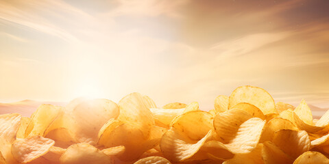 chips and popcorn, potato chips close up, Potato Chips with Blurred Background. Close up of fresh chanterelle mushrooms during sunset, Flying tasty chips on a light background.
 - obrazy, fototapety, plakaty