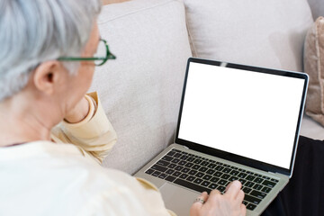 Senior woman grey hair wear glasses using laptop with white screen computer. relaxing elderly...