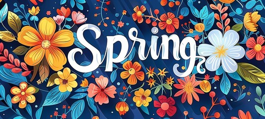 Vibrant Spring banner showcasing a dynamic assortment of colorful flowers and foliage against a navy blue background. The bold white typography of Spring