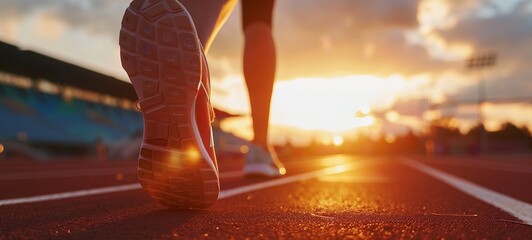 Close-up on the running shoe of an athlete on a track during sunset, capturing the essence of training and determination. The sun casts a warm glow over the scene, emphasizing motion and endurance.
