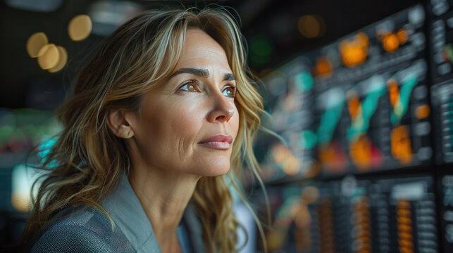 A middle aged businesswoman in suit in stock market screens.