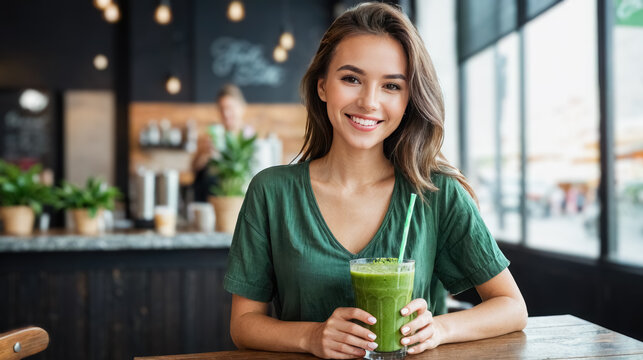 beautiful smiling girl with a green smoothie cocktail sitting at table in cafe, healthy eating and diet