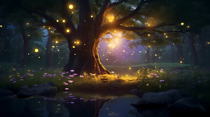 A magical and mysterious atmosphere like a fairy tale, the leaves are bathed in a dreamy light