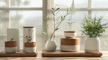 A row of potted plants sit on a wooden tray - obrazy, fototapety, plakaty