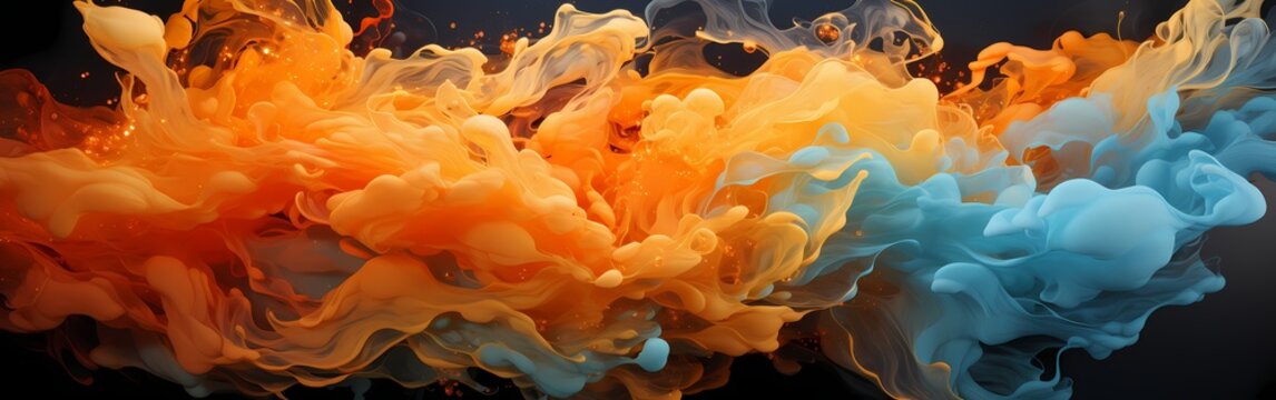Fiery orange and cool cyan liquids collide with explosive force, resulting in a captivating abstract display that ignites the senses