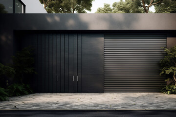 Shutters, gates, steel doors, loading section, garage view. locking mechanism. black grey