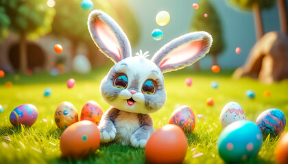 A cute and cheerful Easter bunny sits on a green lawn surrounded by Easter eggs and sweets