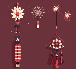 Fototapeta na wymiar Colorful Asian Festive Fireworks and Ornaments