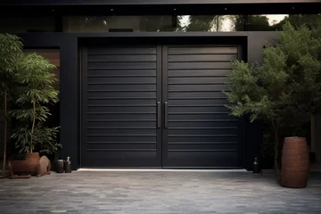 Fotobehang Shutters, gates, steel doors, loading section, garage view. locking mechanism. black grey © xadartstudio