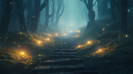 A magical and mysterious atmosphere like a fairy tale, the leaves are bathed in a dreamy light