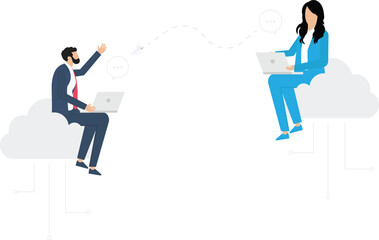 people sitting on the clouds in the sky using laptop and working on a cloud, social networking and texting using cloud storage, Cloud computing technology concept

