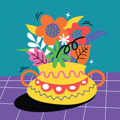 flowers vase doodle flat illustration