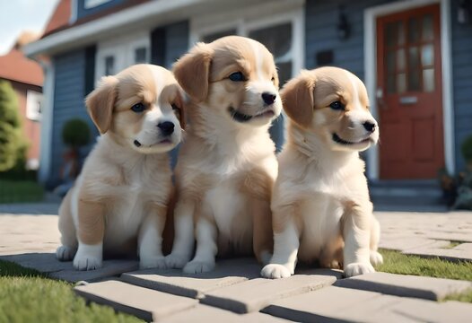 puppies playing in front of house, golden retriever puppies, cute puppies