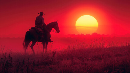 Silhouette of a cowboy riding a horse at sunset.