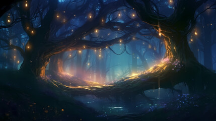 A magical and mysterious atmosphere like a fairy tale, the leaves are bathed in a dreamy light