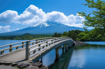 Serene Mt. Fuji View with Curved Bridge over Lake