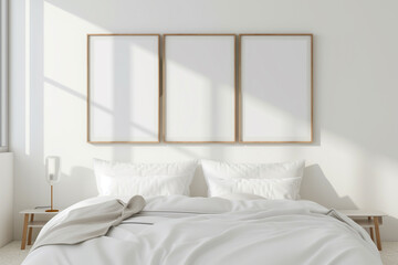 3 empty frames wall art in bedroom mock up.