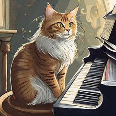 피아노 위의 고양이 - obrazy, fototapety, plakaty