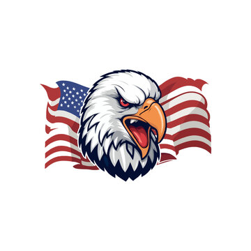 Eagle Head American flag.  American eagle with USA flags illustration for T-Shirt. American flag painted bald eagle. Bald Eagle Mascot Cartoon
