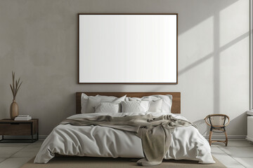 big empty frame wall art in bedroom mock up.